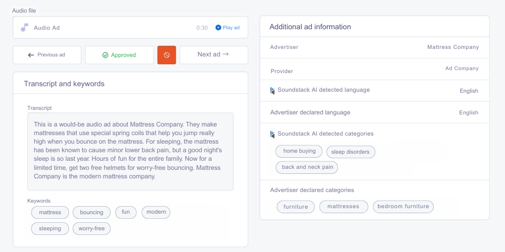An example of one part of the Ad Control UI within SoundStack Monetize